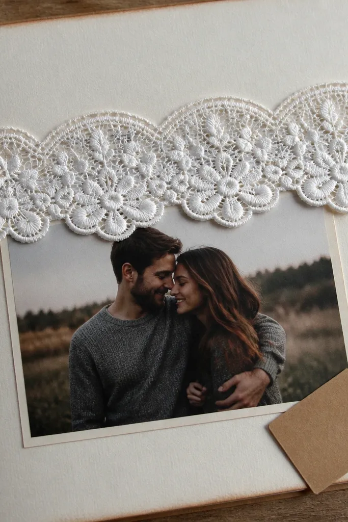 Scalloped lace strip across the page with a date tag and one couple