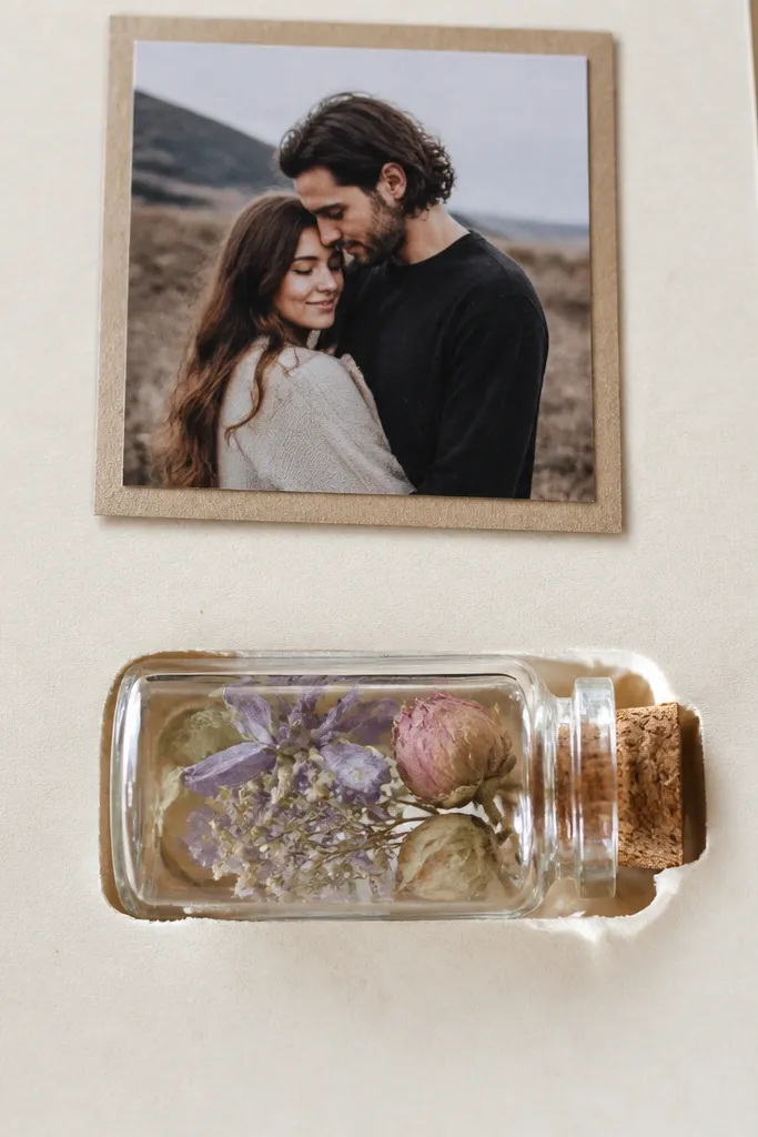 Clear vial pocket holds pressed flowers and a tiny note