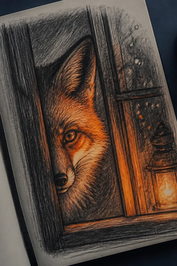 Fox face framed in a window with a glowing lantern and dark night background