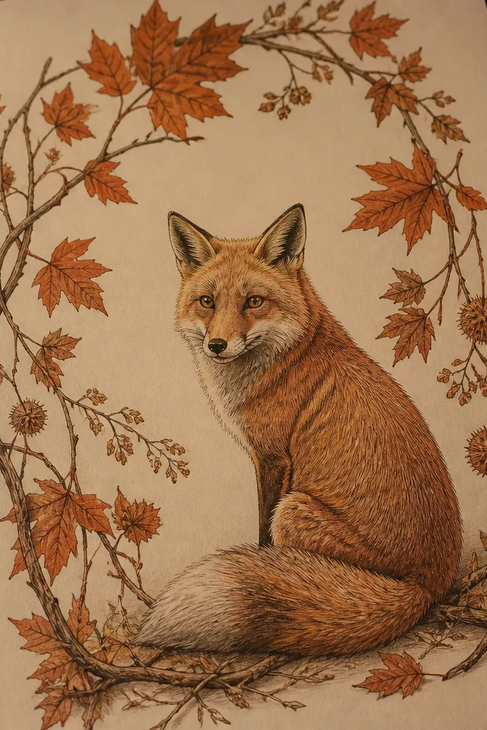 Fox sitting under a maple branch with orange leaves and small falling seeds