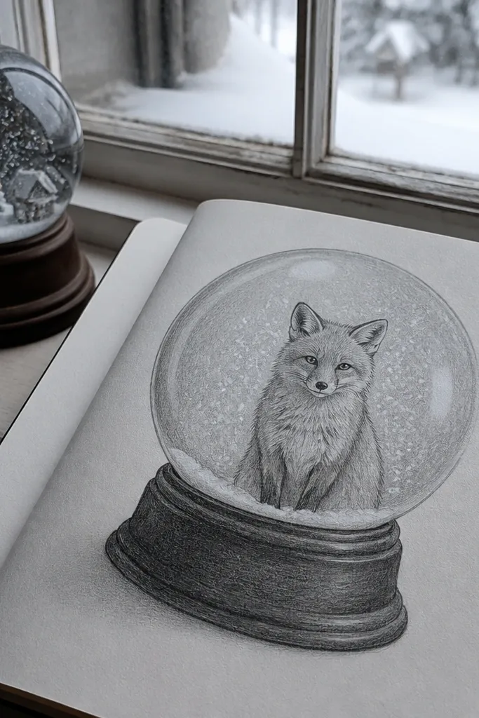 Fox inside a snow globe with a glass rim and scattered white sparkle dots