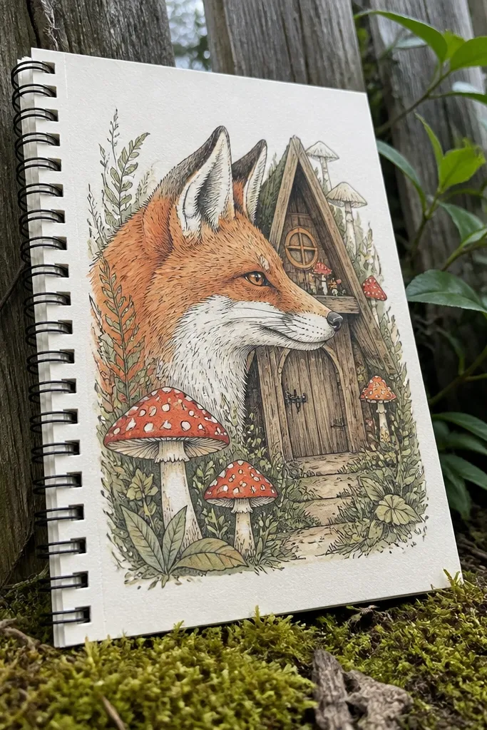Fox beside red mushrooms with white spots and a small cottage-like patch