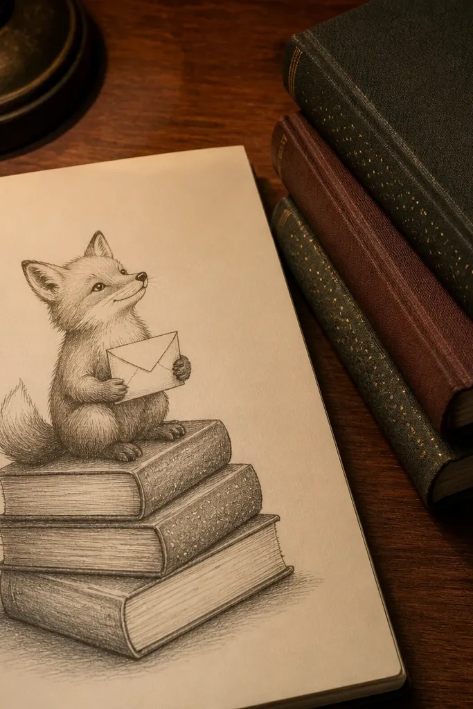 Fox sitting on books holding an envelope with decorative borders