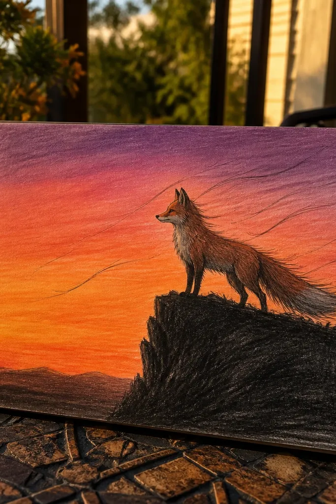 Fox on a cliff with wind lines and a sunset gradient sky