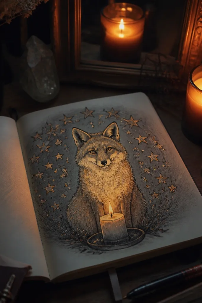 Fox holding a small candle with a ring of star shapes around it