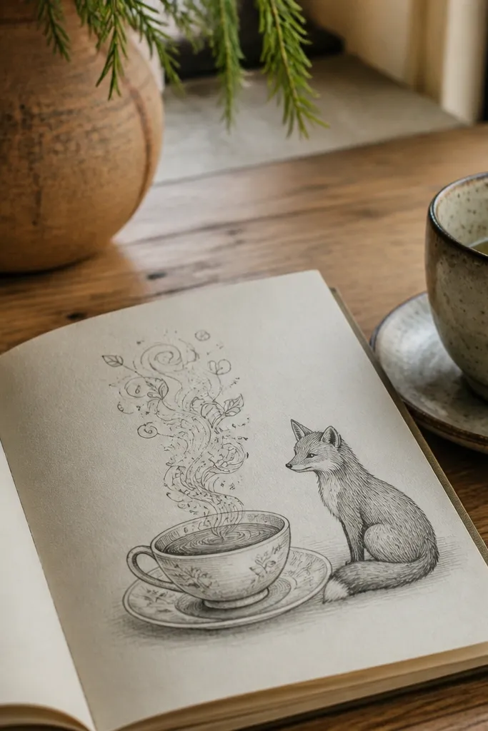 Fox next to a teacup with patterned steam swirls and soft warm background