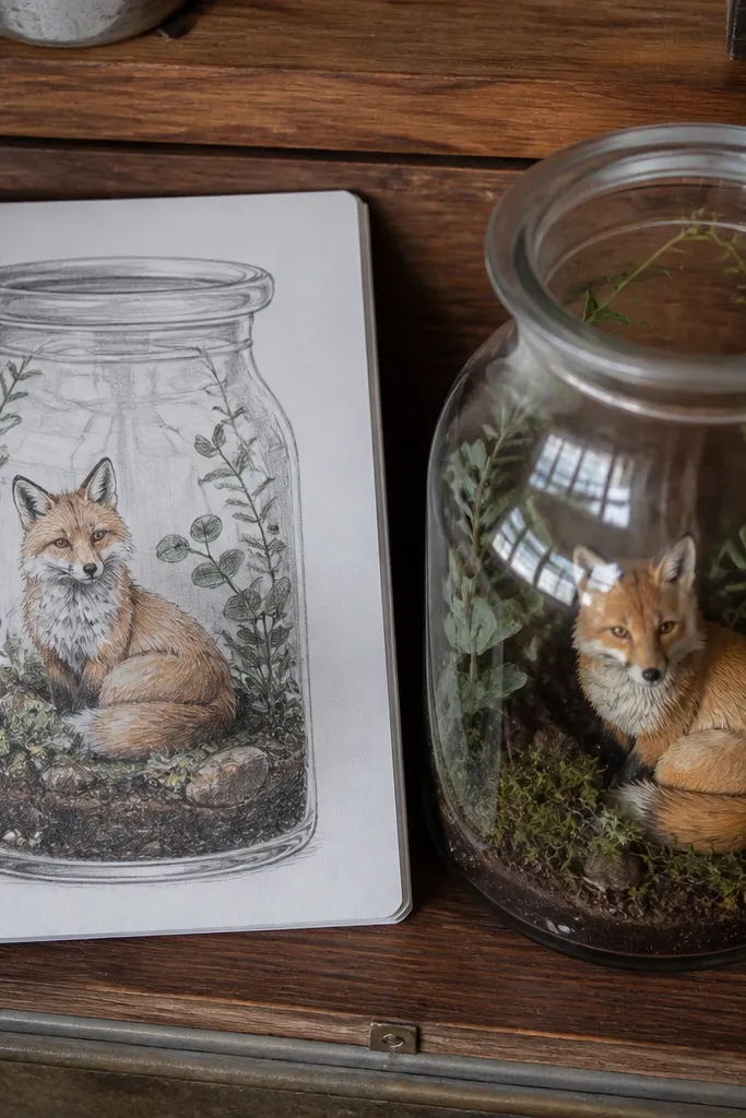Fox inside a glass jar with soil, small plants, and clear highlights
