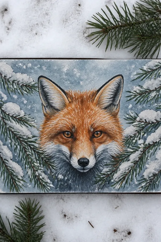 Fox peeking through pine branches with snowy needles and pale blue snow