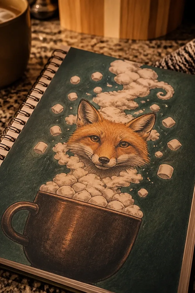 Fox holding a mug with marshmallow clouds floating above