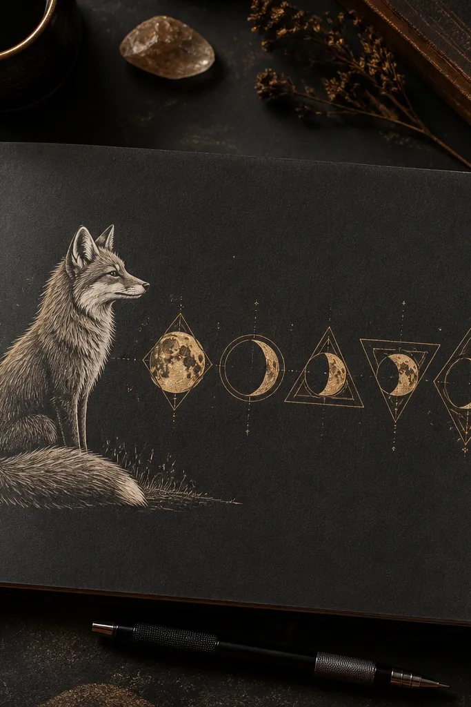 Fox beside a row of geometric moon phases on a dark background