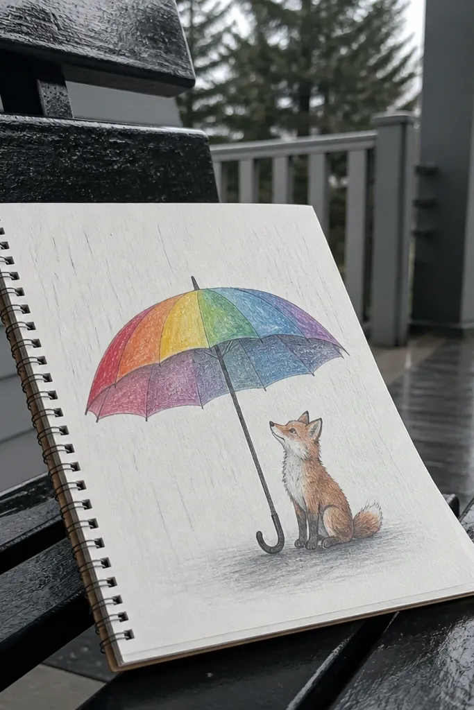 Fox under an open umbrella with rainbow stripes and raindrop lines