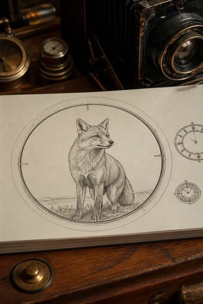 Fox framed by a camera viewfinder circle with vintage dials around it