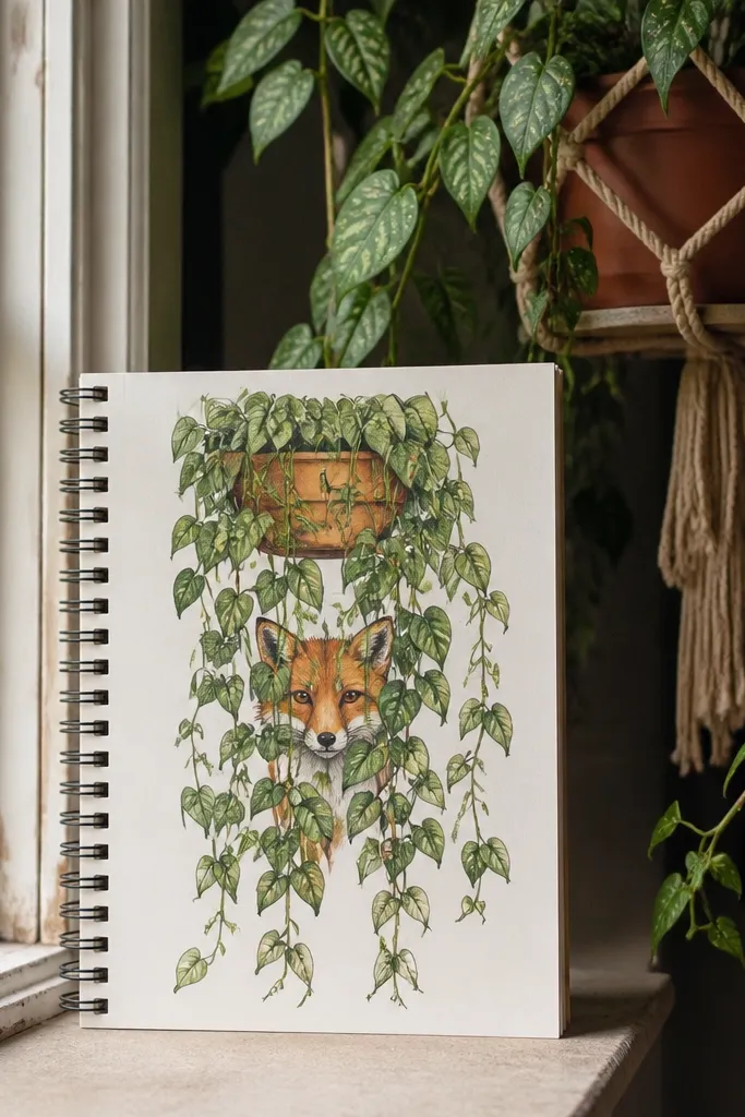 Fox peeking from a hanging plant pot with trailing vines and leaf shapes