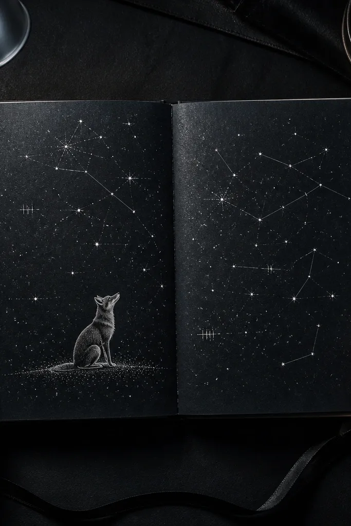 Fox sitting on a star map with dotted constellations and labeled lines