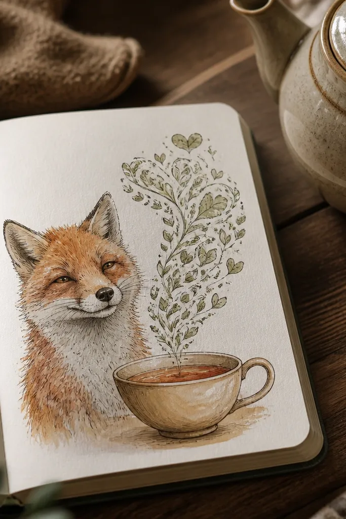 Fox holding a cup with small leaf shapes floating into heart-like clusters