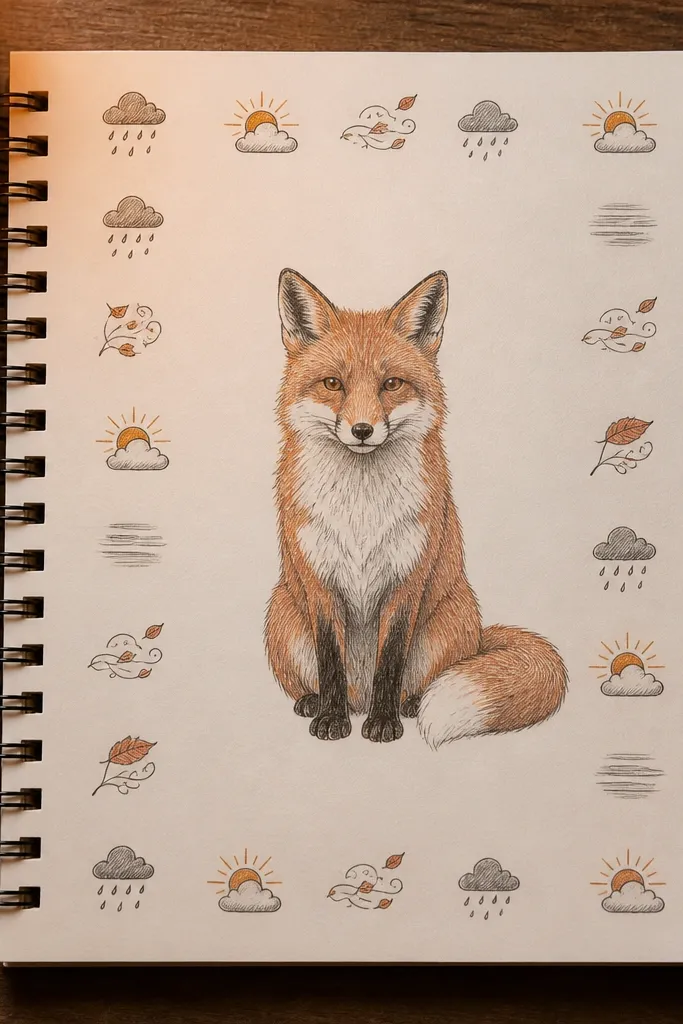 Fox centered inside an autumn border of simple weather icons like clouds and rain
