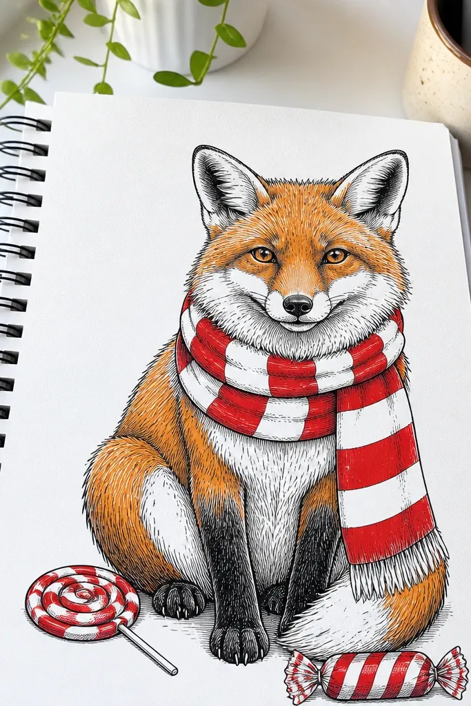 Fox wearing a candy stripe scarf with lollipop and wrapped sweets around it