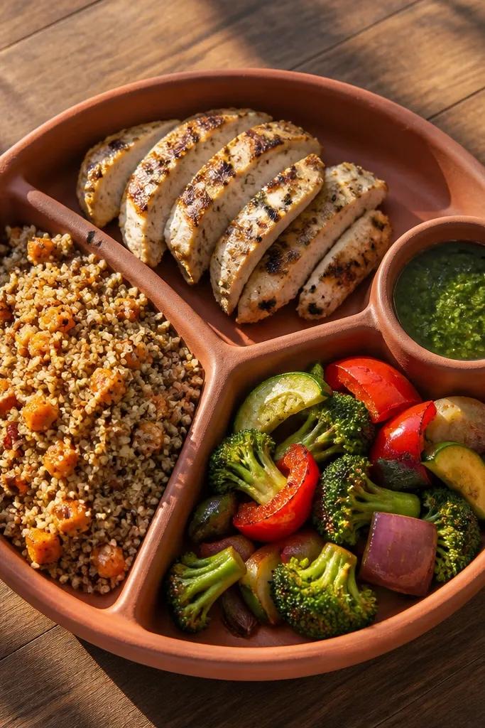 Terracotta paper plate with food groups in neat sections and a small fork icon