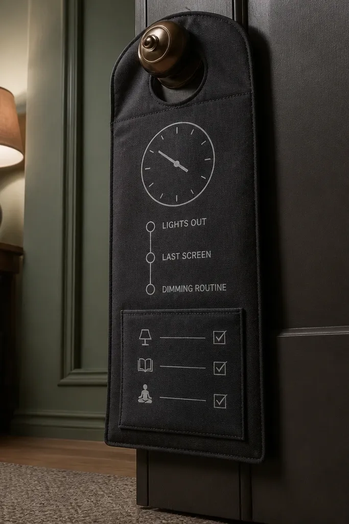 Dark fabric sleep timeline with a clock icon and a checklist strip