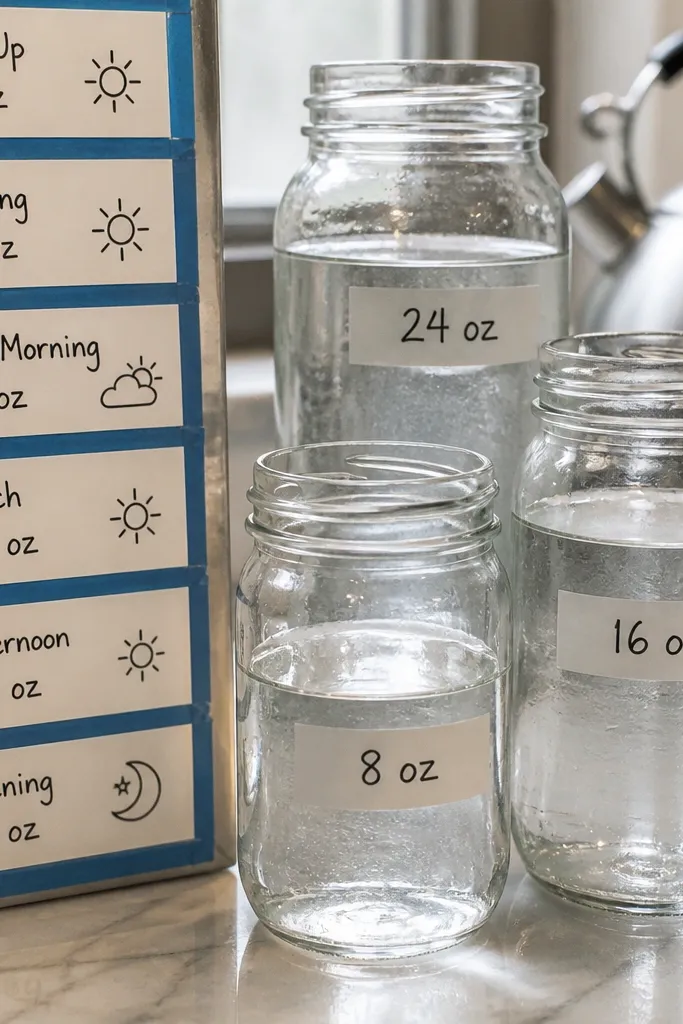 Clear jar illustration with labeled water amounts and a blue tape frame