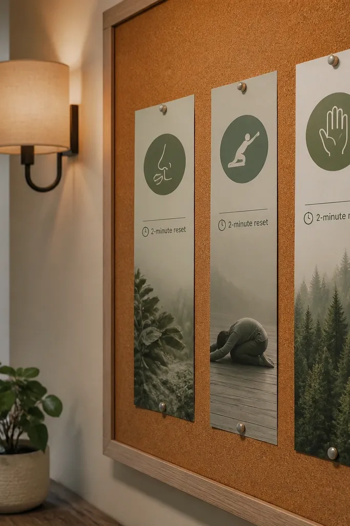 Sage paper strips with calm icons and short breathing steps