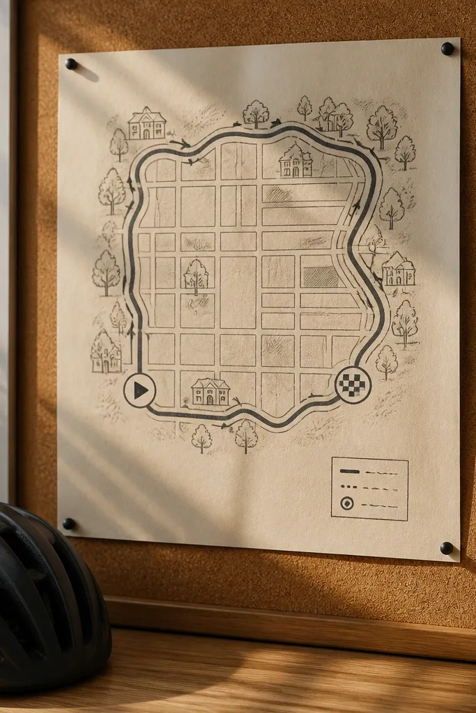 Minimal route map lines in charcoal on cream paper with small start and finish icons