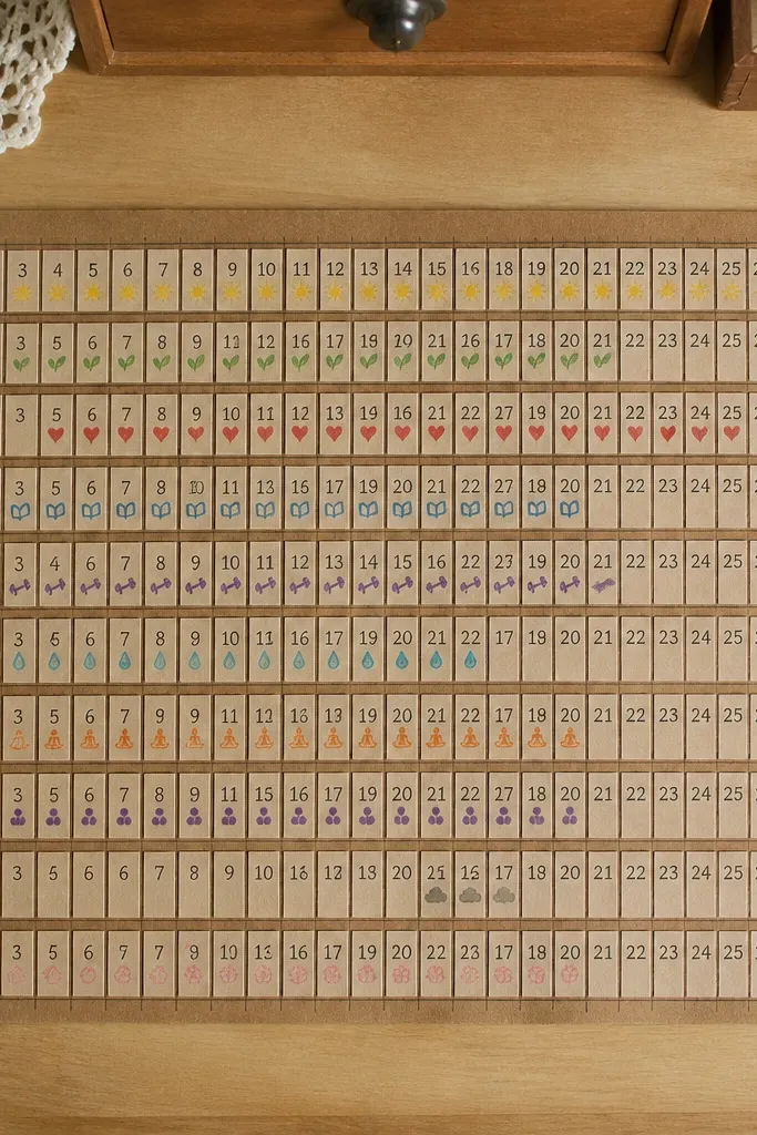 Small calendar tiles with checkboxes and colored habit labels arranged in a grid