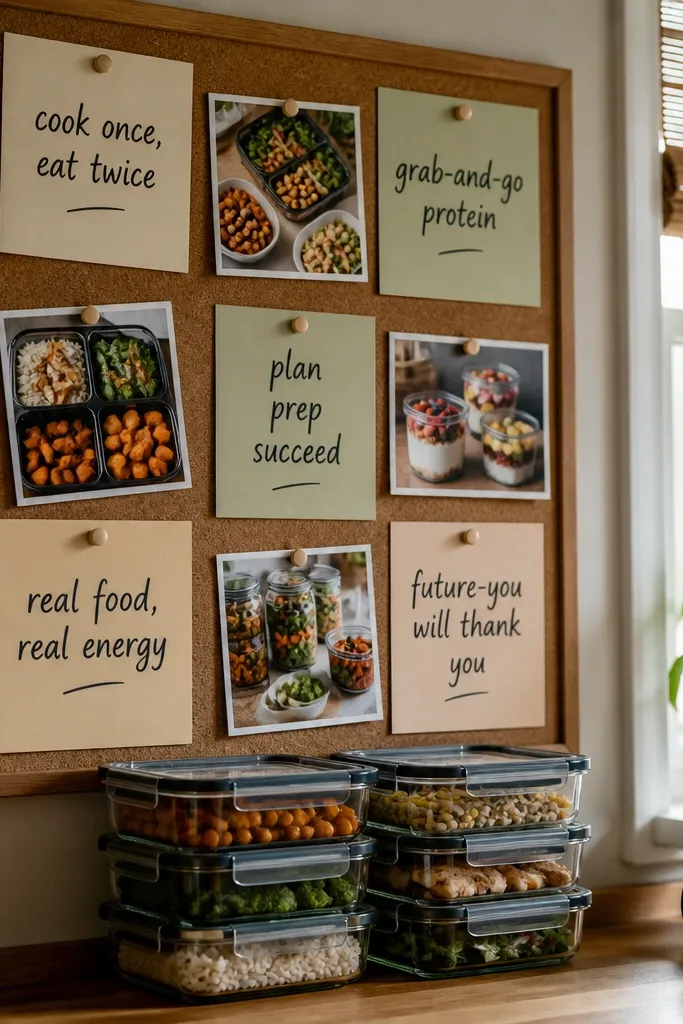 Cork panel with pinned recipe cards and small magnets in a neat grid