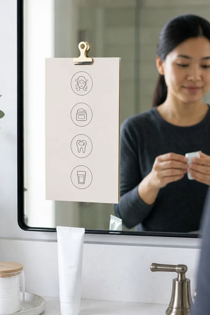 Mirror routine cards with icons for skincare steps and a clean border