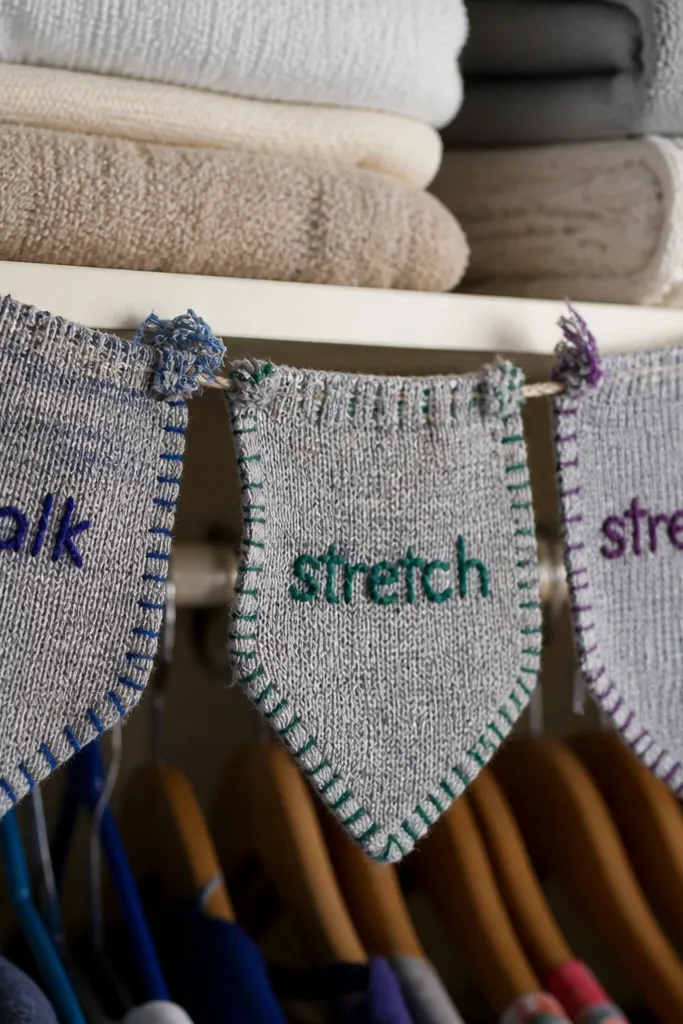 Mini fabric banner made from sock cuffs with workout words and color blocks
