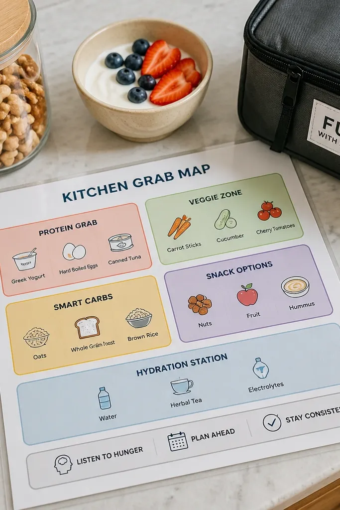 Snack grab map with labeled zones like fridge, pantry, and bag area