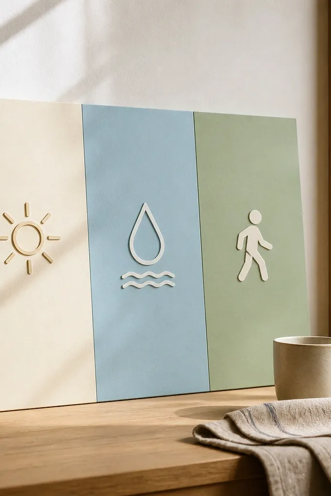 Color block grid with icons for light, water, and movement on a cream background