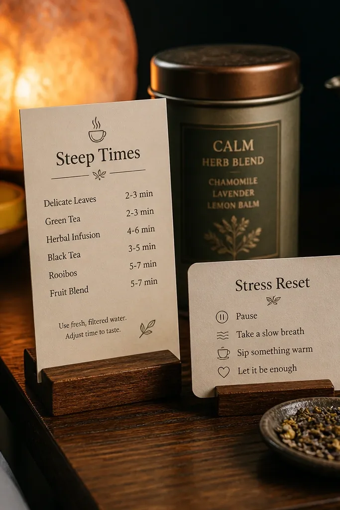 Menu-style card with tea names, steep times, and small steam icons
