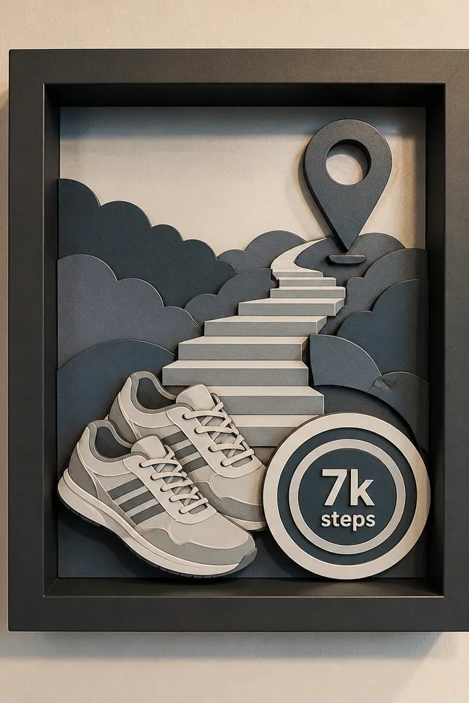 Shadow box with layered paper icons for steps and a small target marker