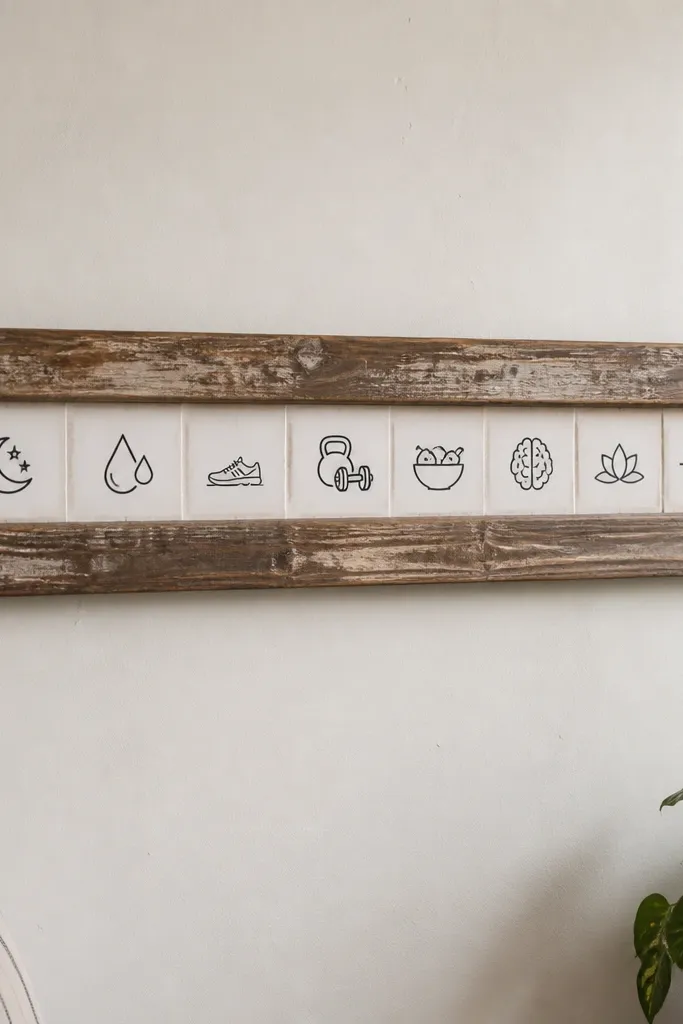 Old picture frame with a clean stripe of health icons and a month label