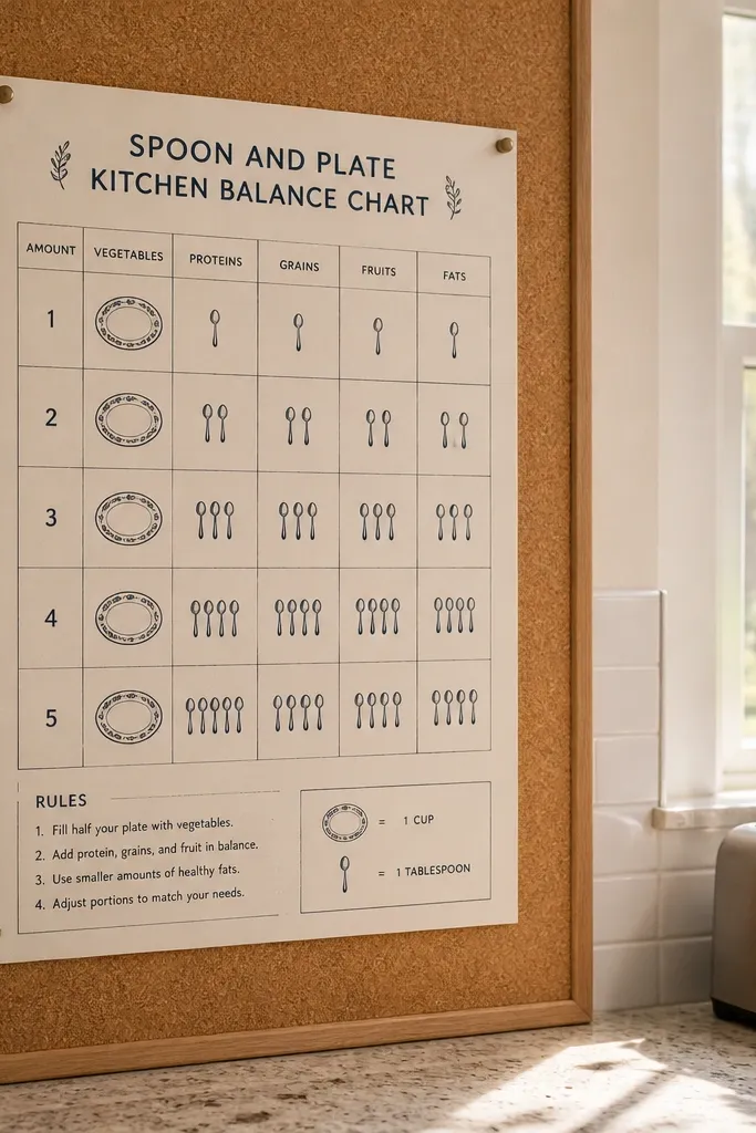 Kitchen balance chart with plate icons and spoon icons labeling meals and snacks
