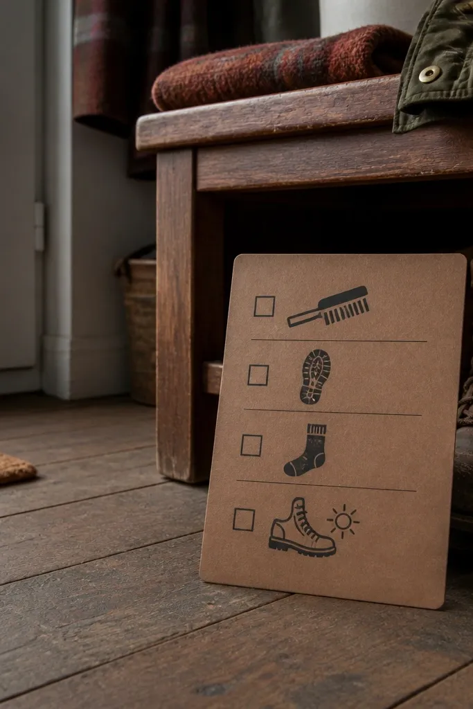 Shoe care reminder card with brush and laces icons and a simple weekly schedule