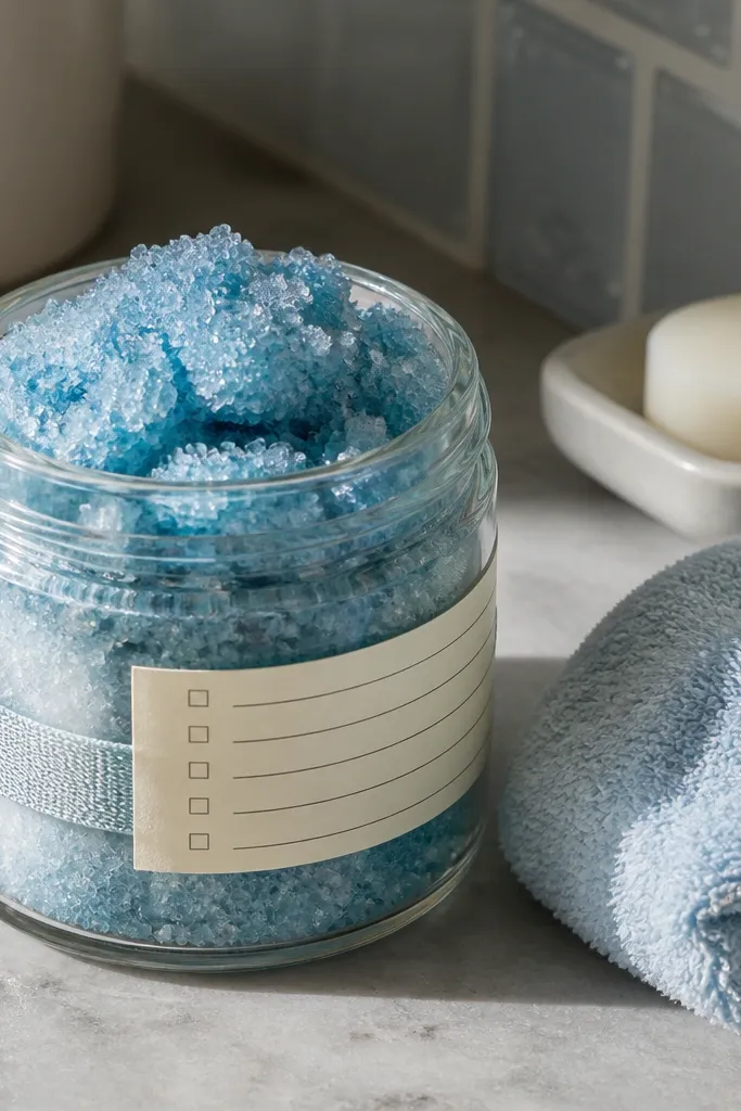 A blue glass jar with folded checklist cards and a salt-scrub tag on the front