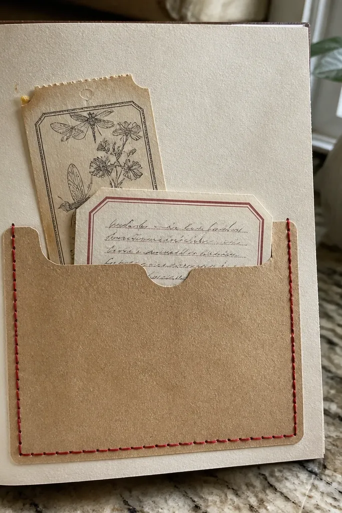 Brown kraft pocket with red thread and layered travel ticket ephemera