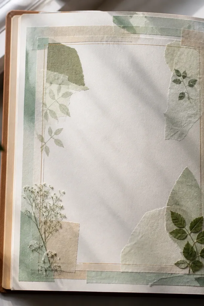 Green washi tape frame around a pale botanical collage on white paper