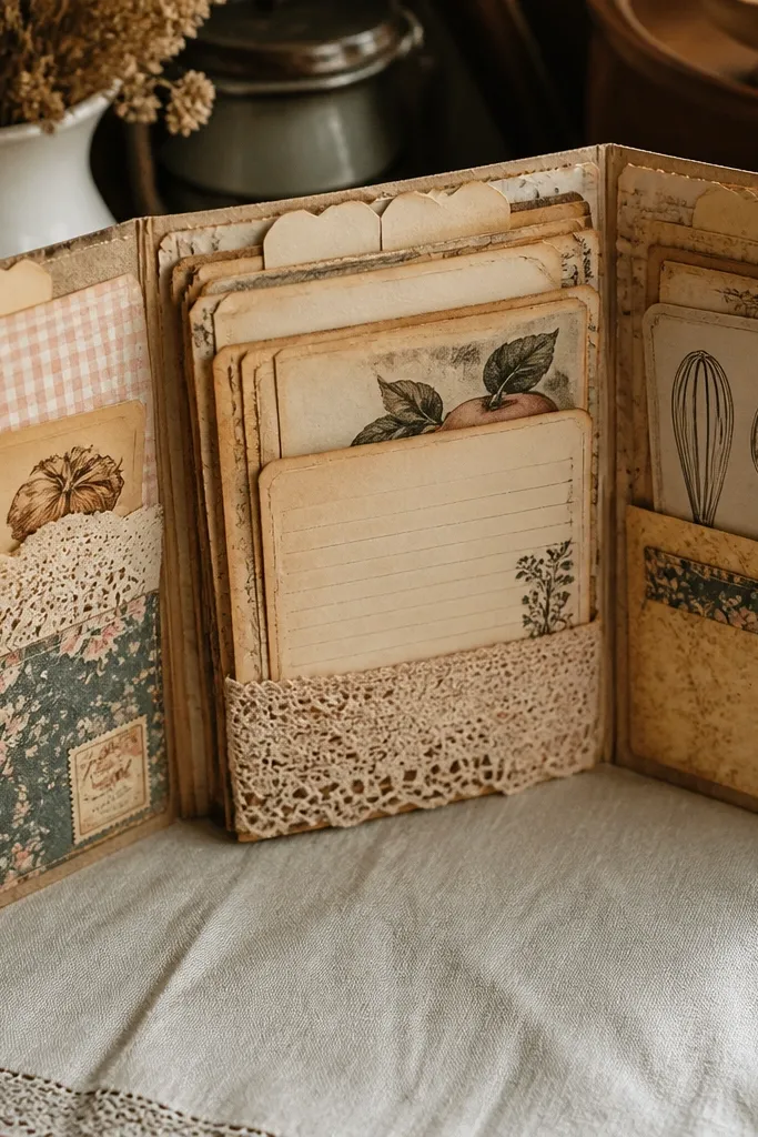 Fold-out recipe page with three index tabs and aged paper layers
