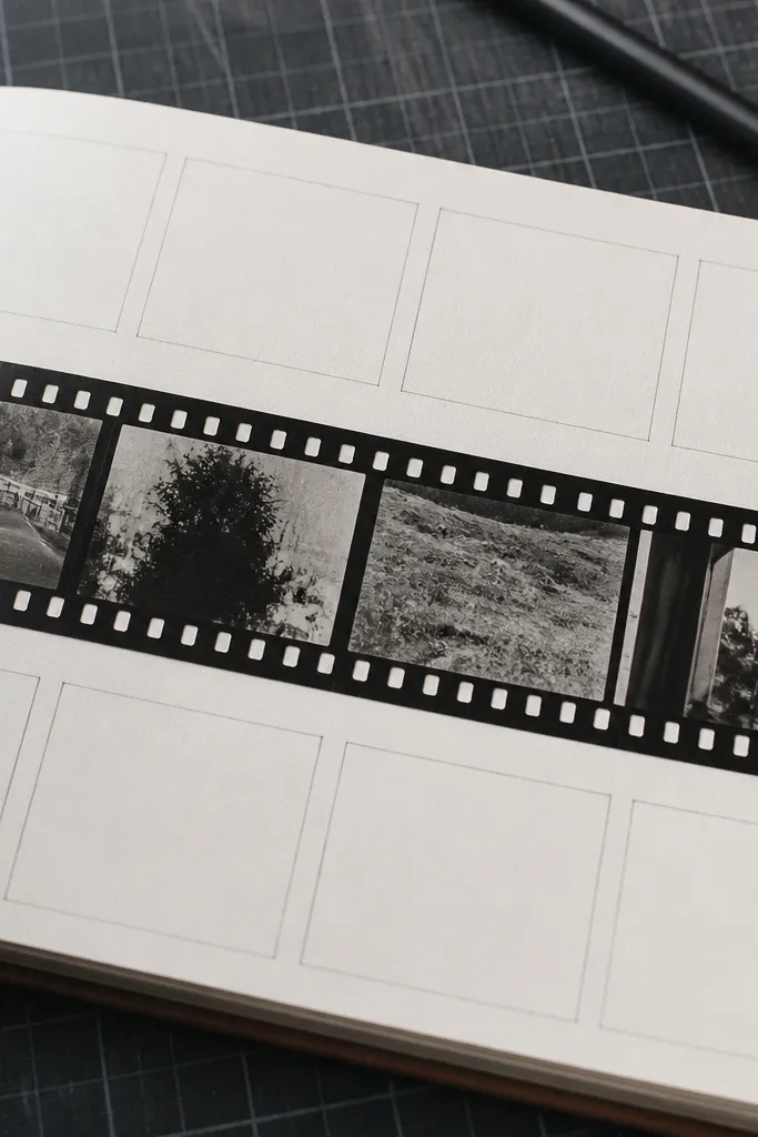 Black and gray film strip strip with small caption frames on a light page