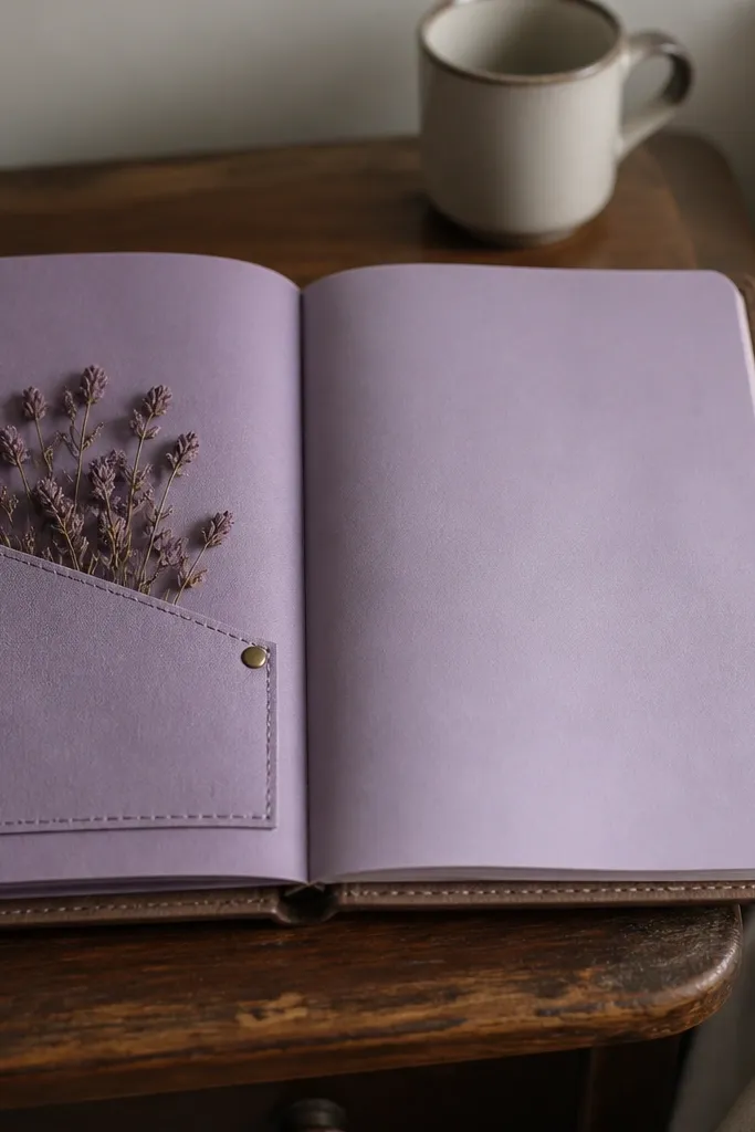 Lavender-themed pocket page with small purple bud shapes and muted paper
