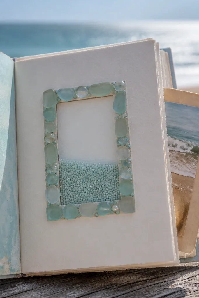 Shaker window on a journal page with pale blue pieces and a beach card tucked