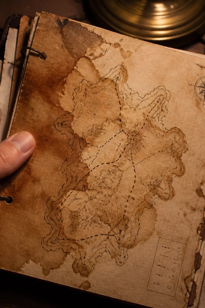 Coffee-stained map paper with a compass icon in the corner