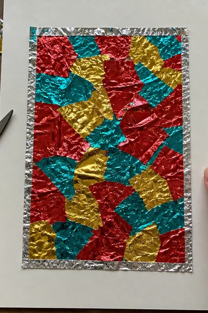 Colorful candy wrapper collage with a shiny foil frame border