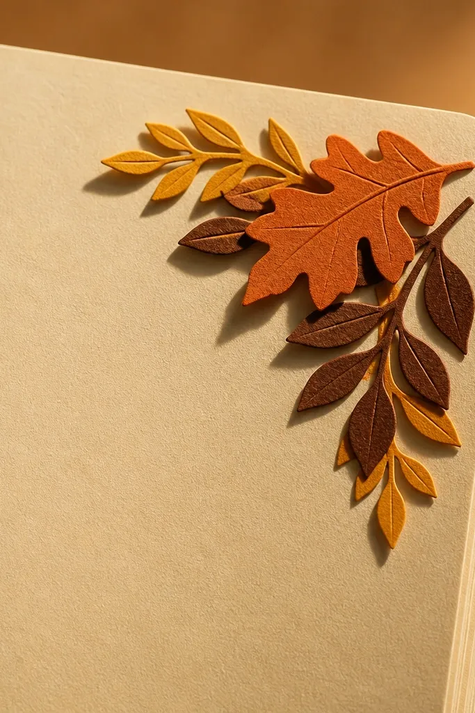 Orange and brown leaf corner cluster on a warm toned page