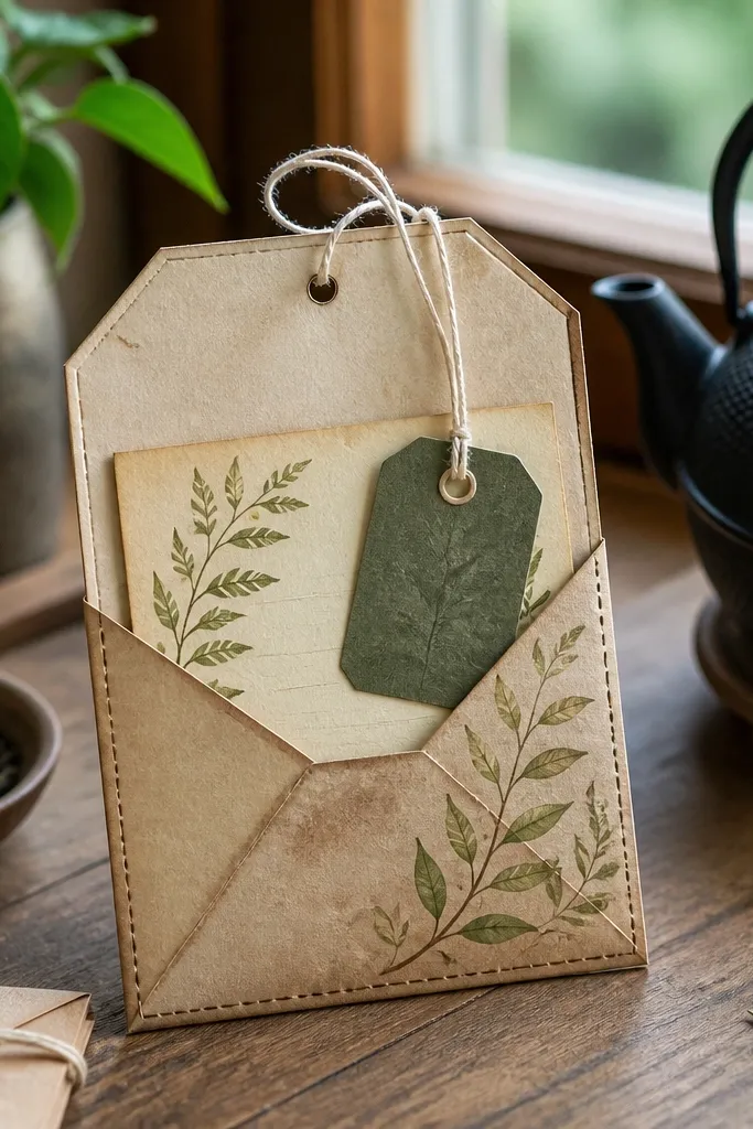 Small tea bag envelope with a string-tied tag and handwritten steep notes
