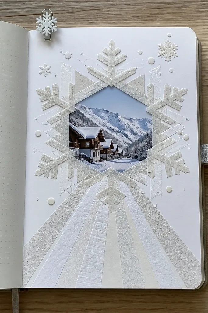 Snowflake window with layered washi strips forming snowy paths