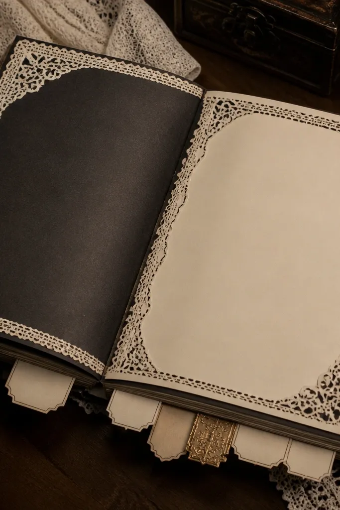 Cream lace border with small ticket tabs and black ink typography
